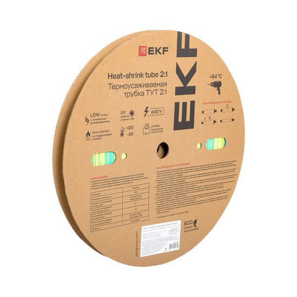 Трубка термоусадочная ТУТ нг 16/8 желт./зел. (уп.100м) EKF tut-16-yg