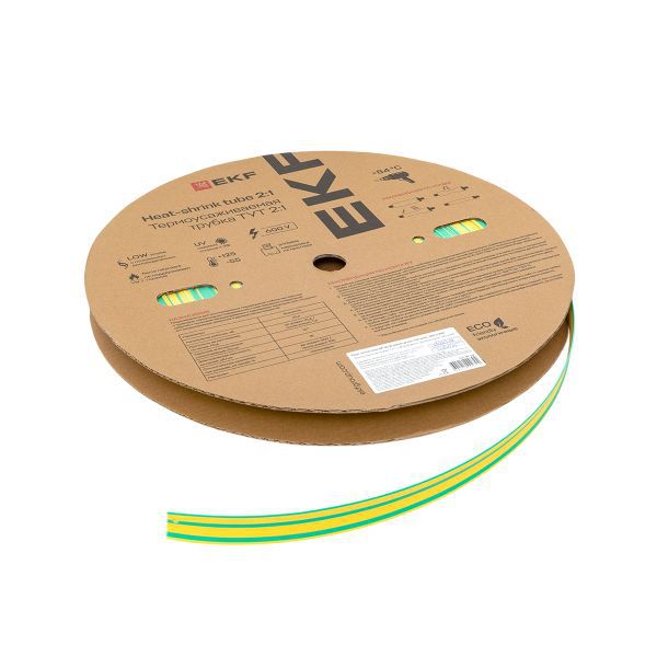 Трубка термоусадочная ТУТ нг 16/8 желт./зел. (уп.100м) EKF tut-16-yg