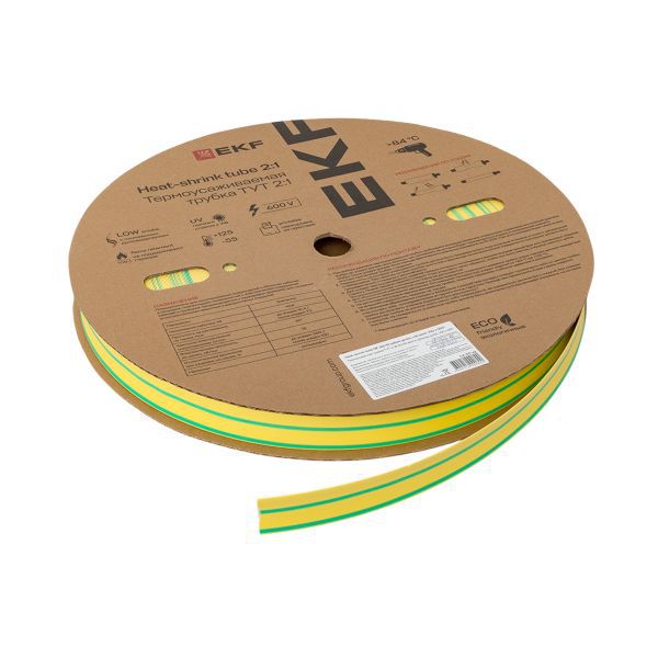 Трубка термоусадочная ТУТ нг 20/10 желт./зел. (уп.100м) EKF tut-20-yg