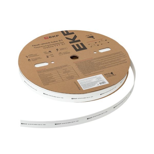 Трубка термоусадочная ТУТ нг 20/10 бел. (уп.100м) EKF tut-20-w