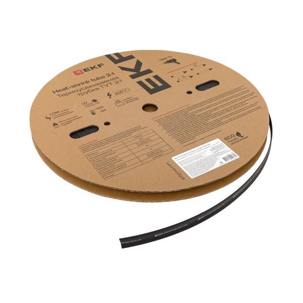 Трубка термоусадочная ТУТ нг 12/6 черн. (уп.100м) EKF tut-12-b