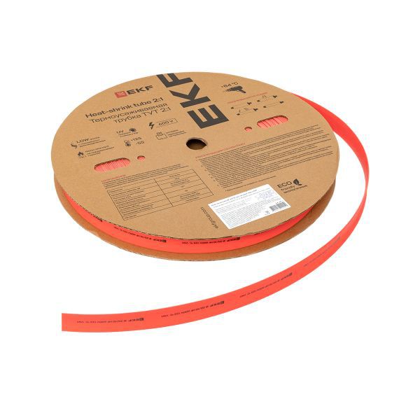 Трубка термоусадочная ТУТ нг 20/10 красн. (уп.100м) EKF tut-20-r