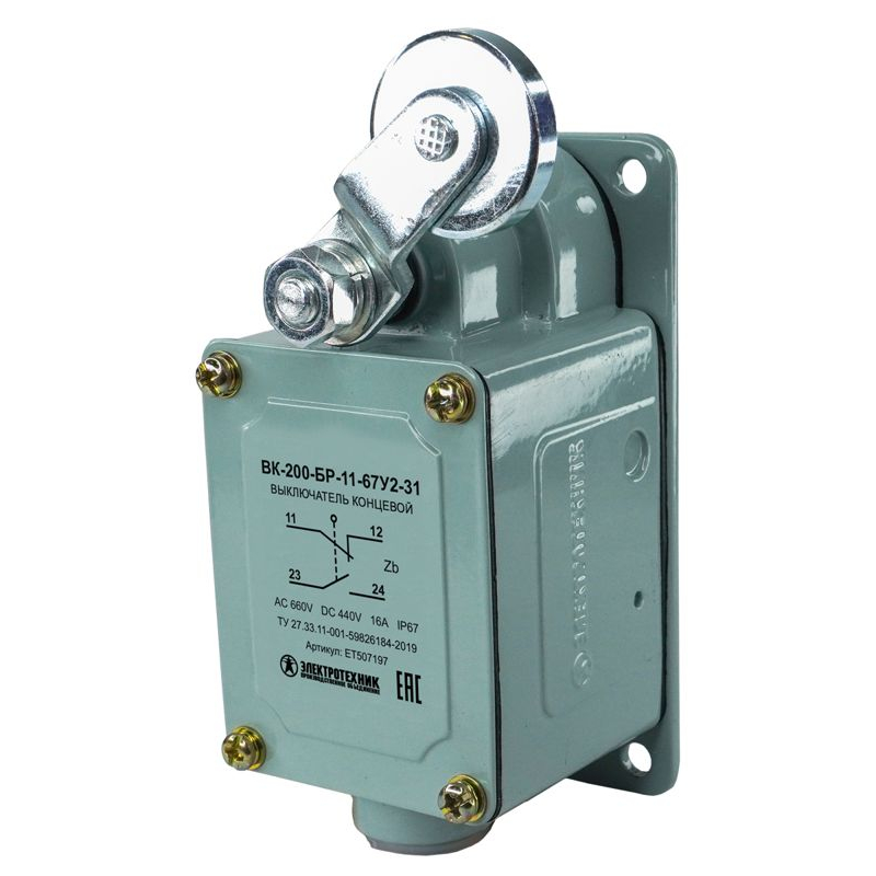 Выключатель конечн. ВК-200-БР-11-67У2-31 рычаг с роликом без сальника ход вправо самовозврат ступень 3 IP67 Электротехник ET507197