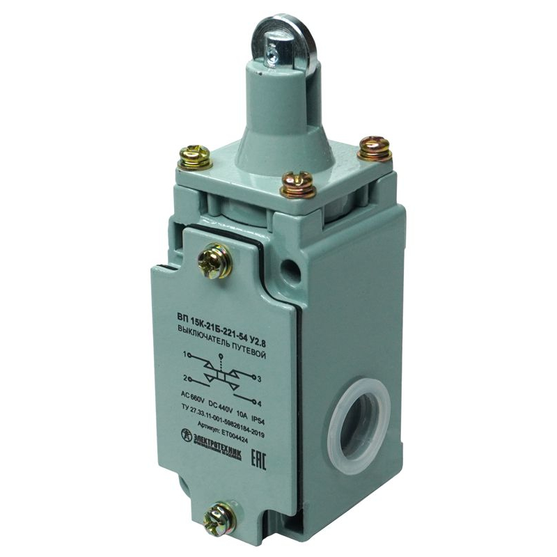 Выключатель путевой ВП15К-21Б-221-54 У2.8 толкатель с роликом прямого действия IP54 Электротехник ET004424