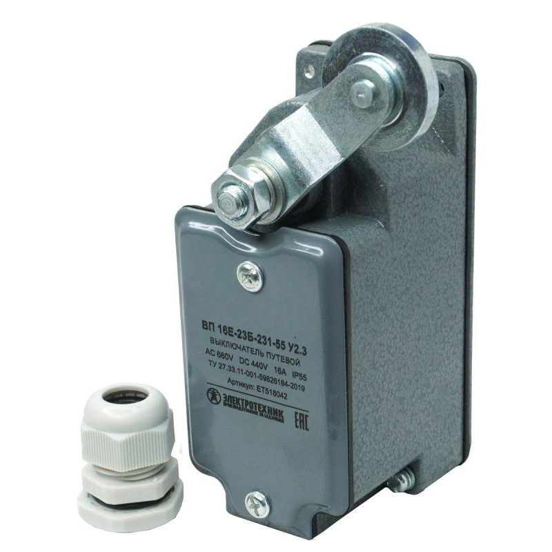 Выключатель путевой ВП 16Е-23Б-231-55 У2.3 рычаг с роликом с сальником ход вправо самовозврат 1з+1р IP55 Электротехник ET518042
