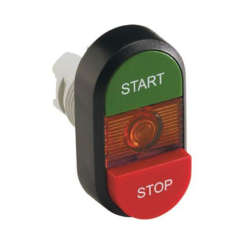 Кнопка двойная MPD15-11R (зеленая/красная-выступающая) красная выступающая линза с текстом (START/STOP)