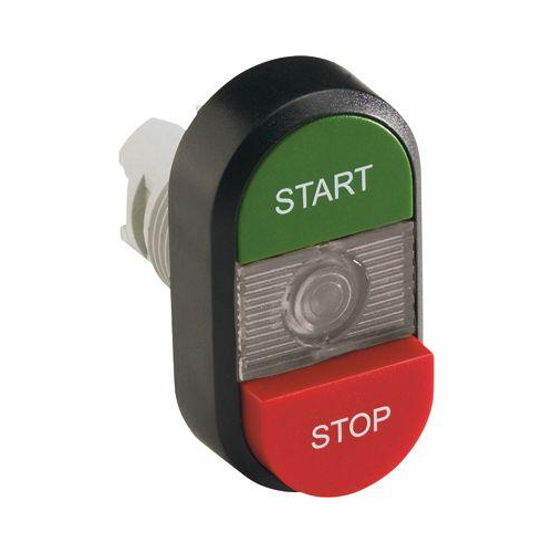 Кнопка двойная MPD15-11C (зеленая/красная-выступающая) прозрачная линза с текстом (START/STOP)