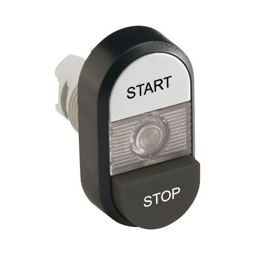 Кнопка двойная MPD19-11C (белая/черная-выступающая) прозрачная линза с текстом (START/STOP)