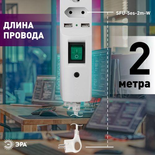 Удлинитель с сетевым фильтром 5х2м с заземл. 10А IP20 SFU-5es-2m-W 5гн+2хUSB защ. шторки с выкл. ПВС 3х0.75 бел. ЭРА C0043327