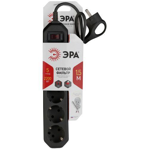 Удлинитель с сетевым фильтром 5х1.5м USF-5es-1.5m-B с заземл с выкл. ПВС 3х0.75 черн. ЭРА Б0019032