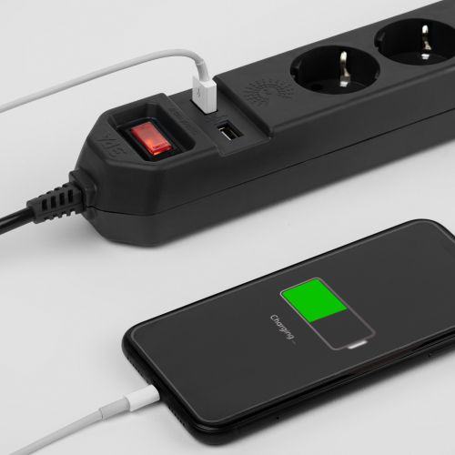 Удлинитель с сетевым фильтром 5х1.5м с заземл. с выкл. USF-5RC:R[38]Ces-1.5m-USB-B ПВС 3х0.75 5гн+2USB черн. ЭРА Б0019036