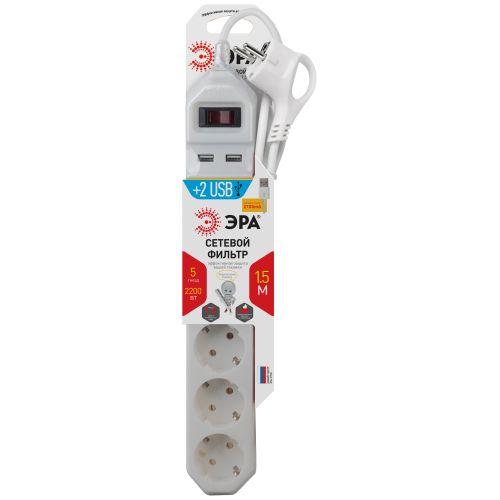 Удлинитель с сетевым фильтром 5х1.5м с заземл. с выкл. USF-5es-1.5m-USB-W ПВС 3х0.75 5гн+2USB бел. ЭРА Б0019037