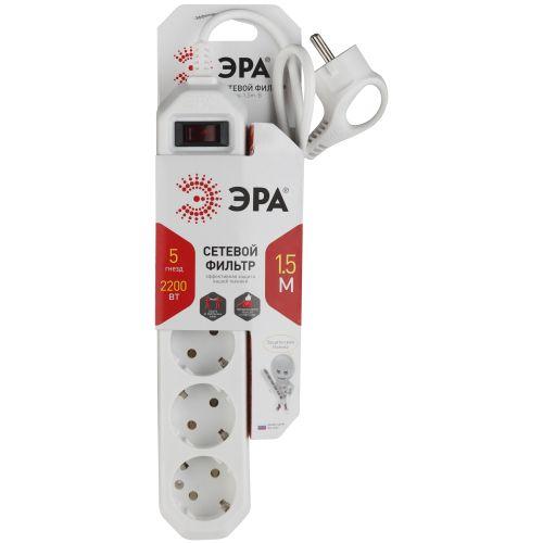 Удлинитель с сетевым фильтром 5х1.5м USF-5es-1.5m-W с заземл с выкл. ПВС 3х0.75 бел. ЭРА Б0019031