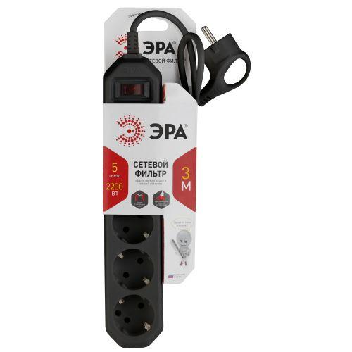 Удлинитель с сетевым фильтром 5х3м с заземл. 10А IP20 USF-5es-3m-B с выкл. ПВС 3х0.75 черн. ЭРА Б0019034