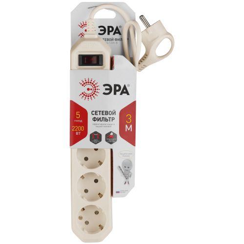 Удлинитель с сетевым фильтром 5х3м USF-5es-3m-I с заземл с выкл. ПВС 3х0.75 сл. кость ЭРА Б0019035