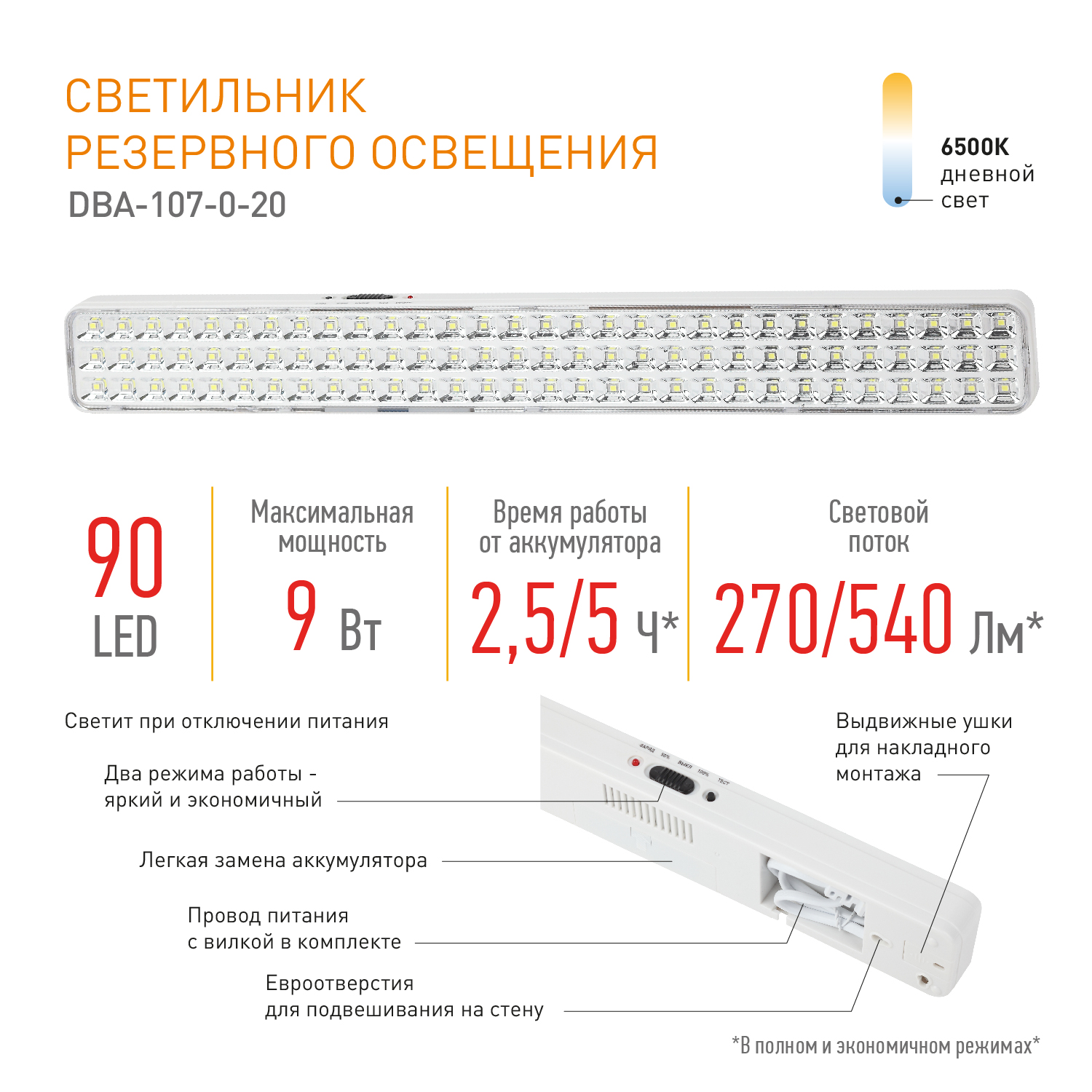 Светильник светодиодный аварийный непостоянный  90LED 4ч IP20