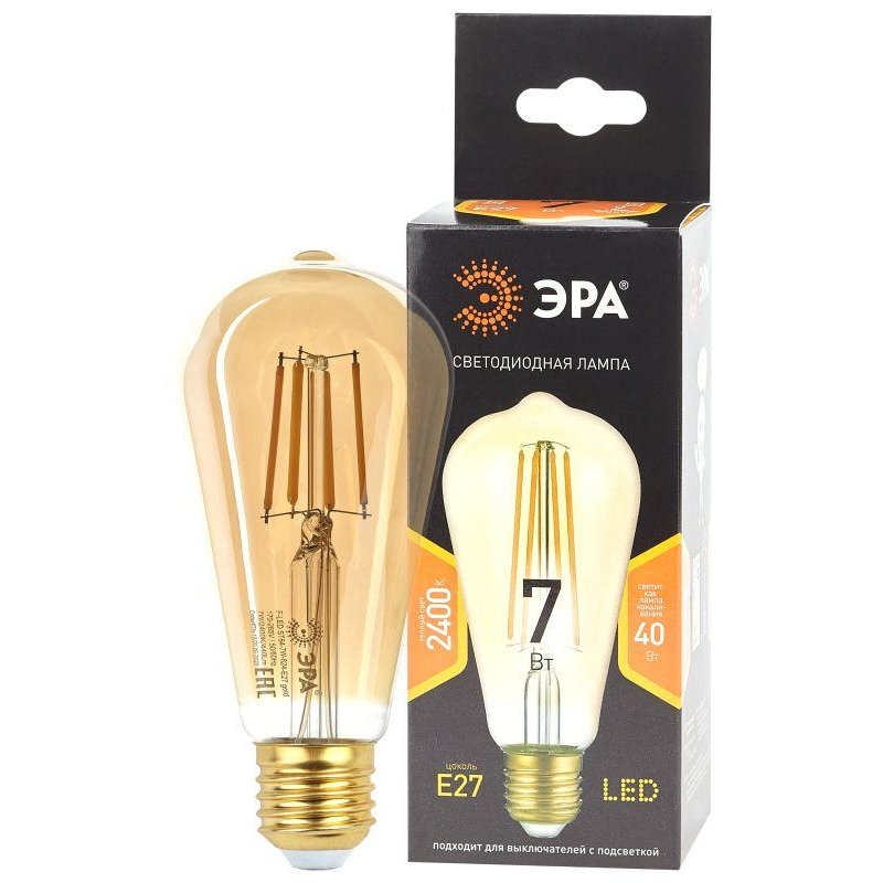 Лампа F-LED ST64-7W-824-E27 gold (филамент зол. 7Вт тепл. E27) (20/960) ЭРА Б0047664