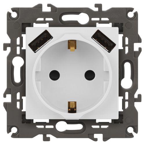 Розетка 2P+E 16A-250В, штор. с 2xUSB 5В-3А, Эра Elegance, белый 14-4109-01 ЭРА (Б0047867)