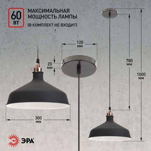 Светильник подвесной декоративный PL2 BK/RC E27 max 60W, d300 мм, шагрень черный/медь ЭРА (Б0037413)