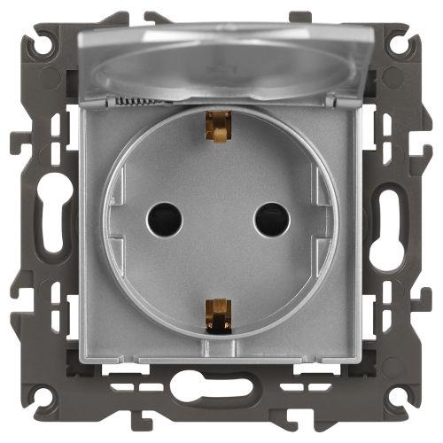 Розетка 1-м СП Эра Elegance 14-2103-03 16А IP20 16AX 250В 2P+E Schuko защ. шторки с крышкой алюм. Эра Б0034280
