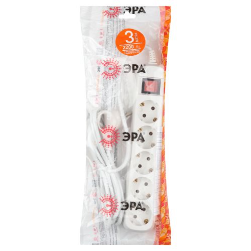 Удлинитель 5х3м с заземл. 10А IP20 UX-5es-3m ПВС 3х0.75 с выкл. Эра Б0035757