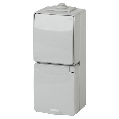 Блок розетка+выкл. верт. IP65, 16A(10AX)-250В, ОУ, Эра Эксперт, серый, 11-7607-03 (Б0035998)