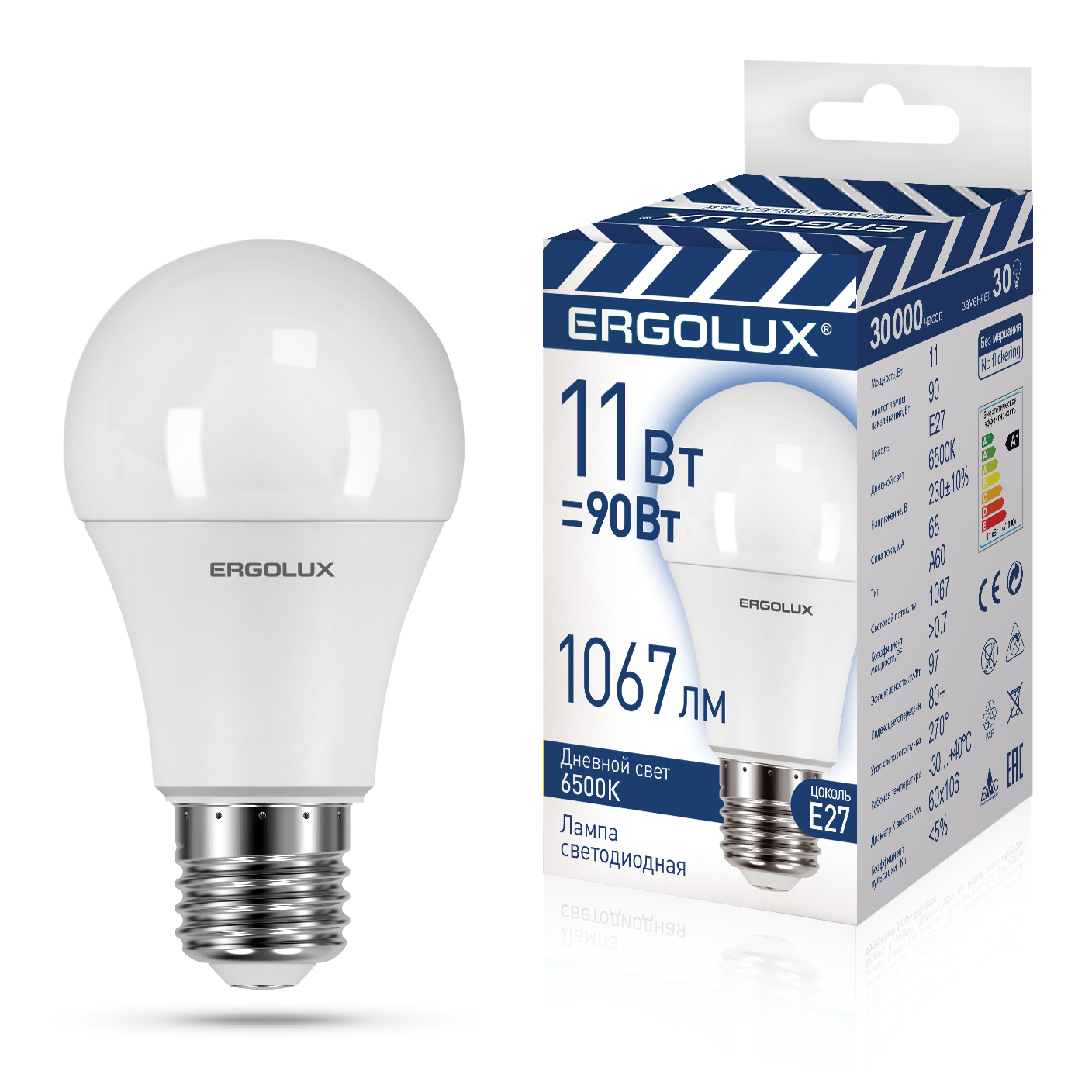 Ergolux LED-A60-11W-E27-6K (Эл.лампа светодиодная ЛОН 11Вт Е27 6500К 220-240В, ПРОМО)