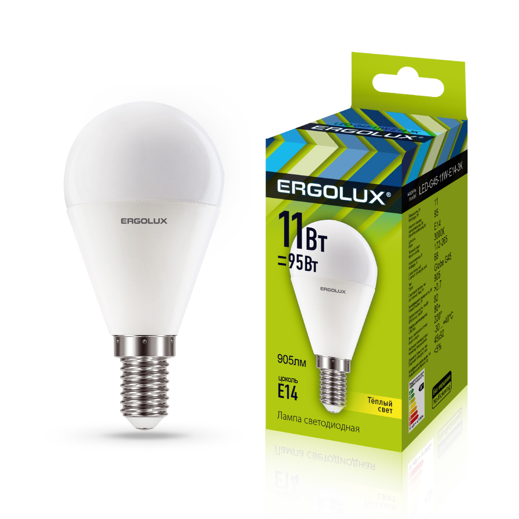 Ergolux LED-G45-11W-E14-3K (Эл.лампа светодиодная Шар 11Вт E14 3000K 172-265В)