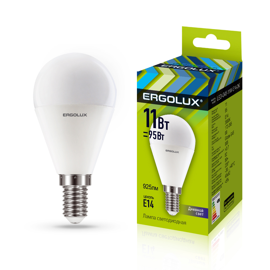 Ergolux LED-G45-11W-E14-6K (Эл.лампа светодиодная Шар 11Вт E14 6500K 172-265В)