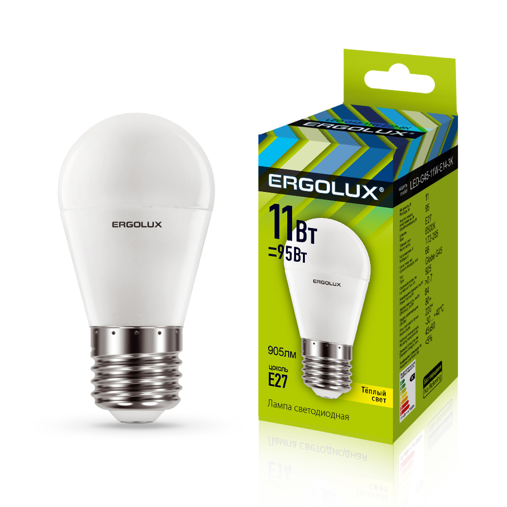 Ergolux LED-G45-11W-E27-3K (Эл.лампа светодиодная Шар 11Вт E27 3000K 172-265В)