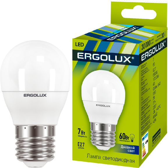 Ergolux LED-G45-7W-E27-6K (Эл.лампа светодиодная Шар 7Вт E27 6500K 172-265В)