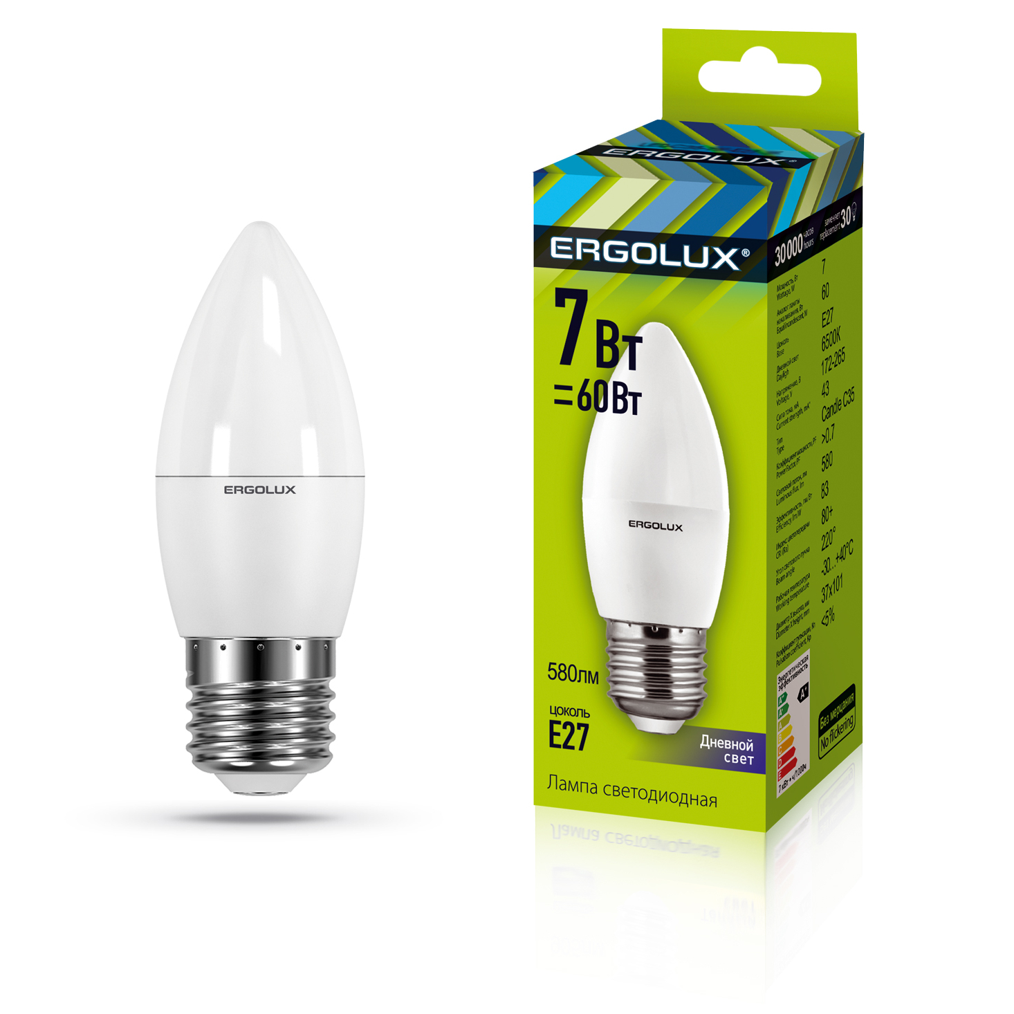 Ergolux LED-C35-7W-E27-6K (Эл.лампа светодиодная Свеча 7Вт E27 6500K 172-265В)