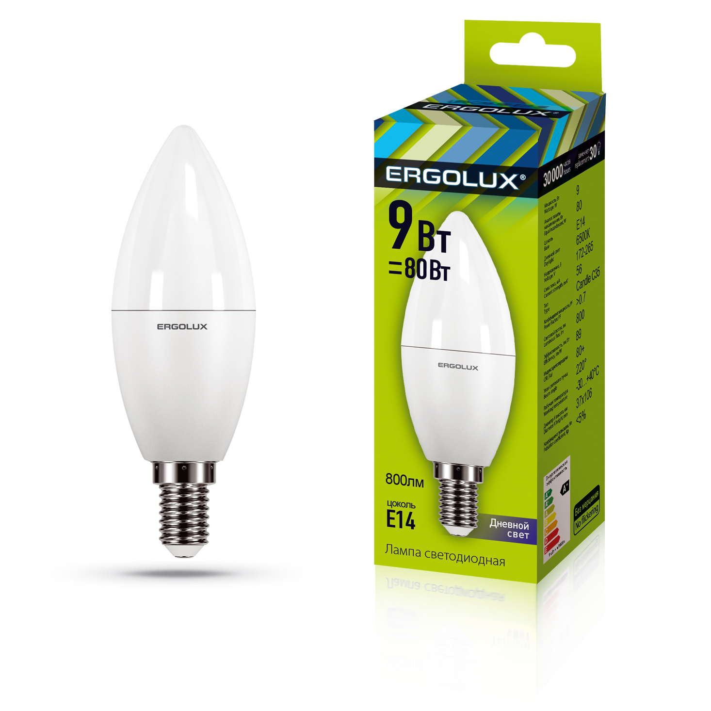 Ergolux LED-C35-9W-E14-6K (Эл.лампа светодиодная Свеча 9Вт E14 6500K 172-265В)