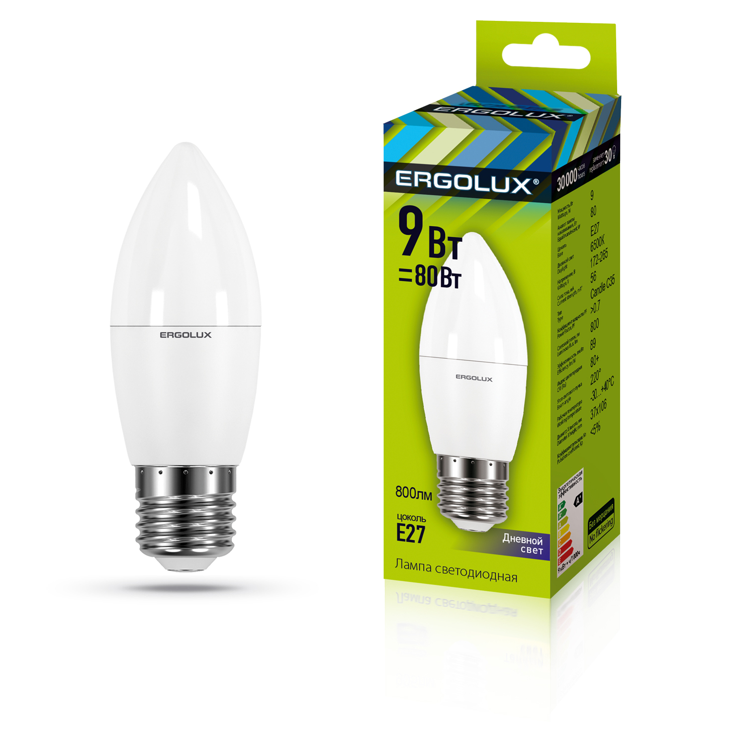 Ergolux LED-C35-9W-E27-6K (Эл.лампа светодиодная Свеча 9Вт E27 6500K 172-265В)