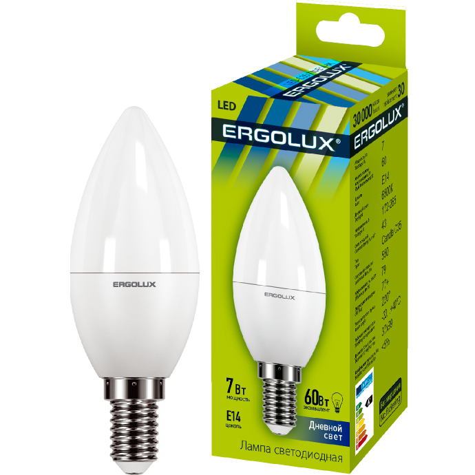 Ergolux LED-C35-7W-E14-6K (Эл.лампа светодиодная Свеча 7Вт E14 6500K 172-265В)