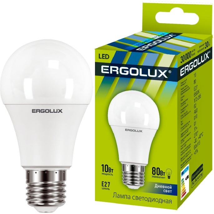 Ergolux LED-A60-10W-E27-6K (Эл.лампа светодиодная ЛОН 10Вт E27 6500K 180-240В)