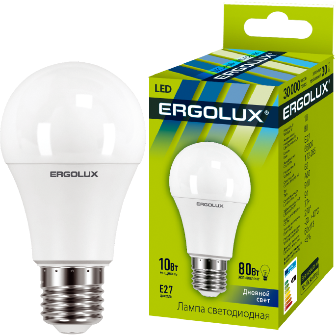 Ergolux LED-A60-10W-E27-6K (Эл.лампа светодиодная ЛОН 10Вт E27 6500K 180-240В)