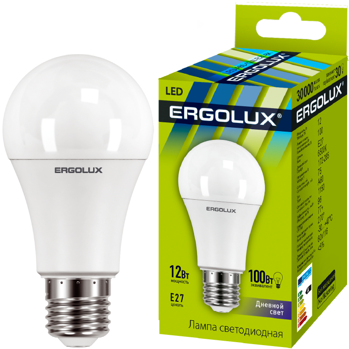 Ergolux LED-A60-12W-E27-6K (Эл.лампа светодиодная ЛОН 12Вт E27 6500K 180-240В)