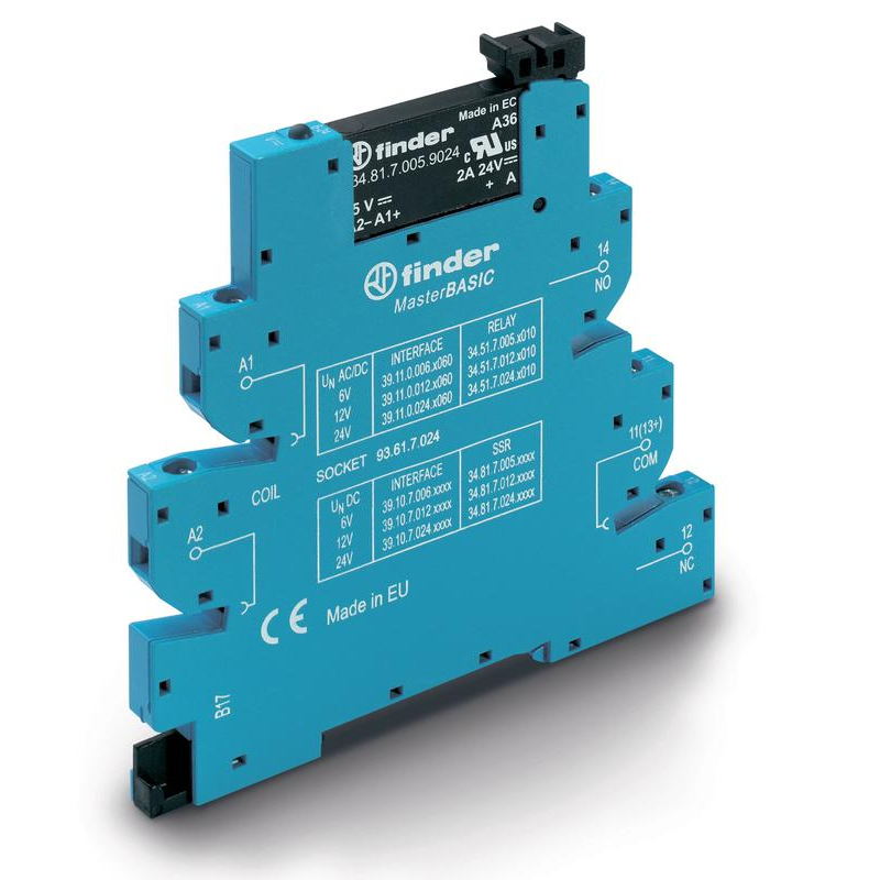 Модуль интерфейсный (сборка 34.81.7.024.9024 + 93.61.7.024) твердотельное реле MasterBASIC выход 6А (24В DC) 24В DC IP20 винт. клеммы FINDER 391070249024