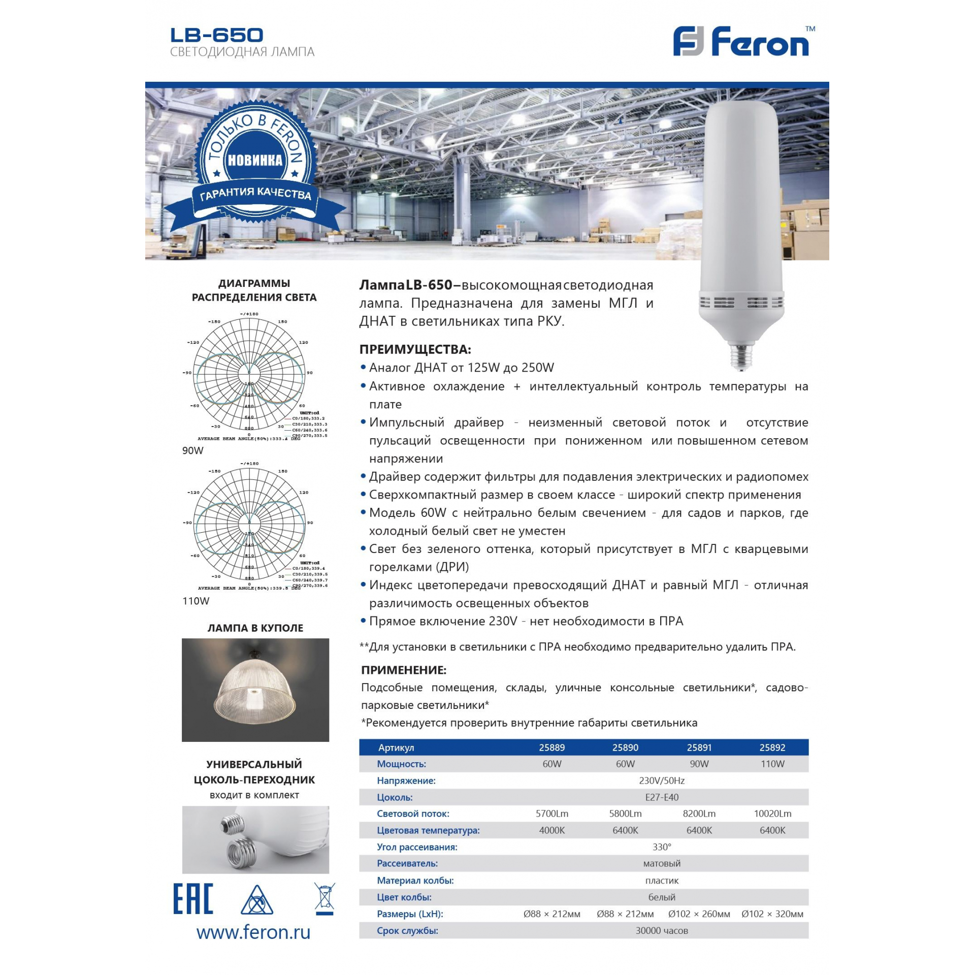 Лампа светодиодная Feron LB-650 E27-E40 60W 4000K