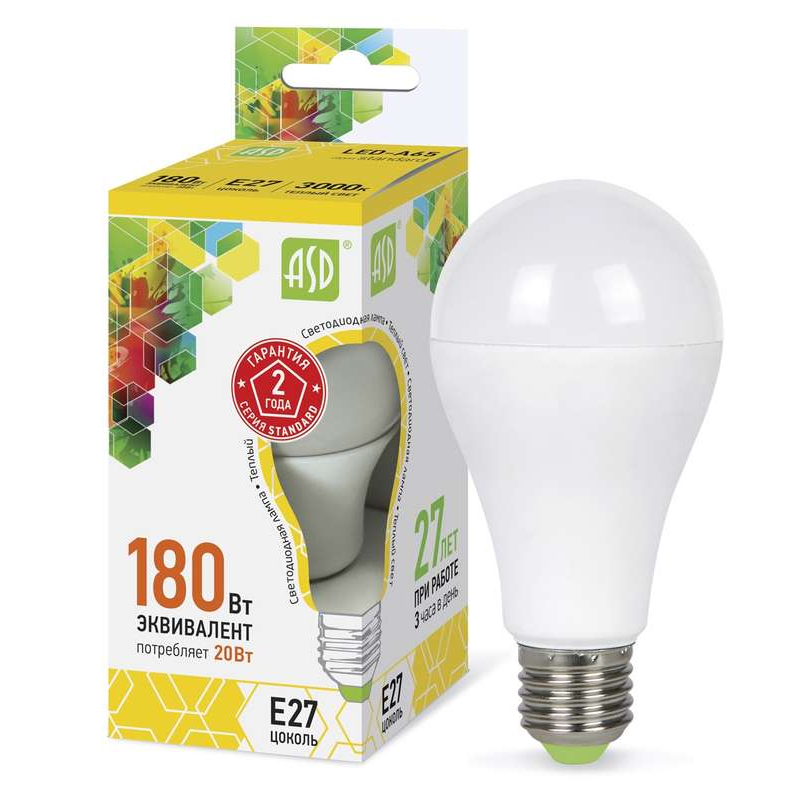 Лампа светодиодная LED-A60-standard 20Вт грушевидная 3000К тепл. бел. E27 1800лм 170-265В ASD 4690612004198