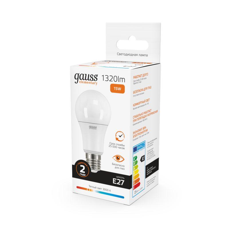 Лампа светодиодная Elementary A60 15Вт грушевидная 3000К тепл. бел. E27 1320лм 180-240В Gauss 23215