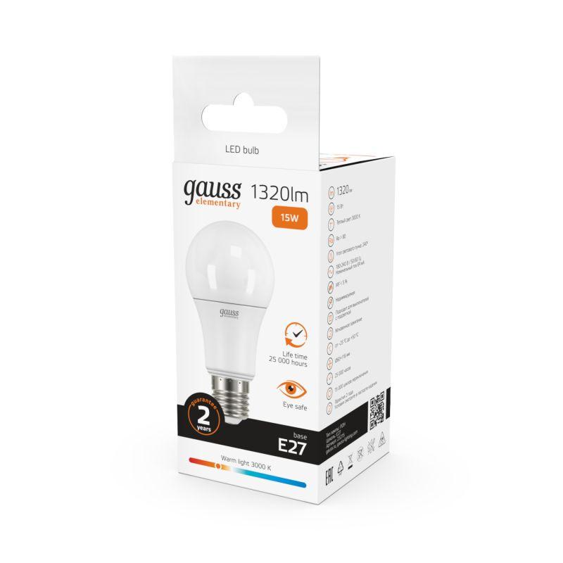 Лампа светодиодная Elementary A60 15Вт грушевидная 3000К тепл. бел. E27 1320лм 180-240В Gauss 23215