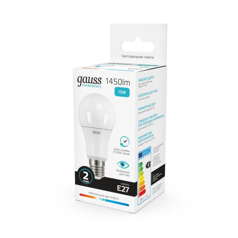 Лампа светодиодная Elementary A60 15Вт грушевидная 4100К бел. E27 1450лм 180-240В Gauss 23225