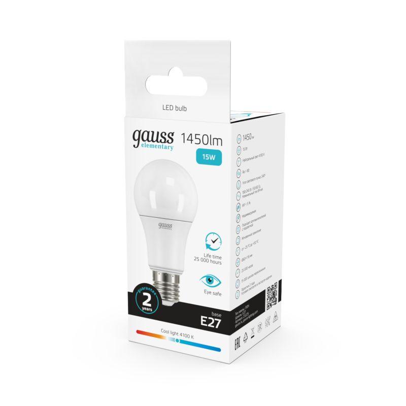 Лампа светодиодная Elementary A60 15Вт грушевидная 4100К бел. E27 1450лм 180-240В Gauss 23225