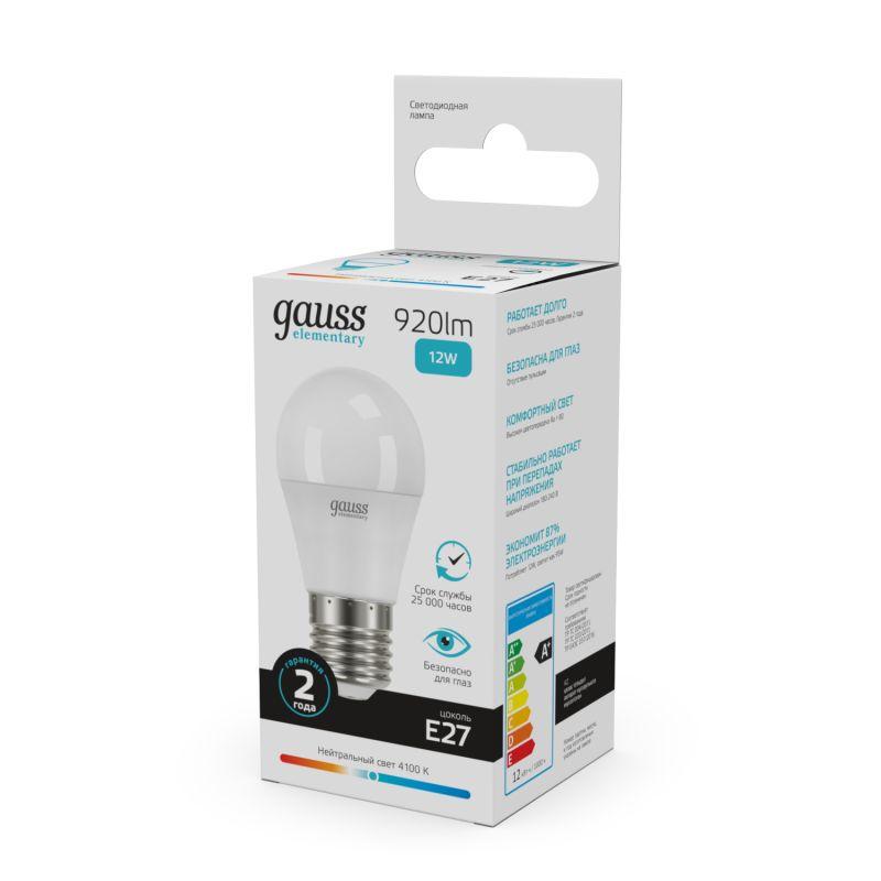 Лампа светодиодная Elementary Шар 12Вт 920лм E27 4100К Gauss 53222