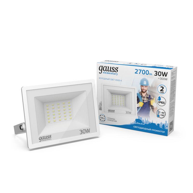 Прожектор светодиодный Elementary 30Вт 2100лм IP65 6500К бел. Gauss 613120330