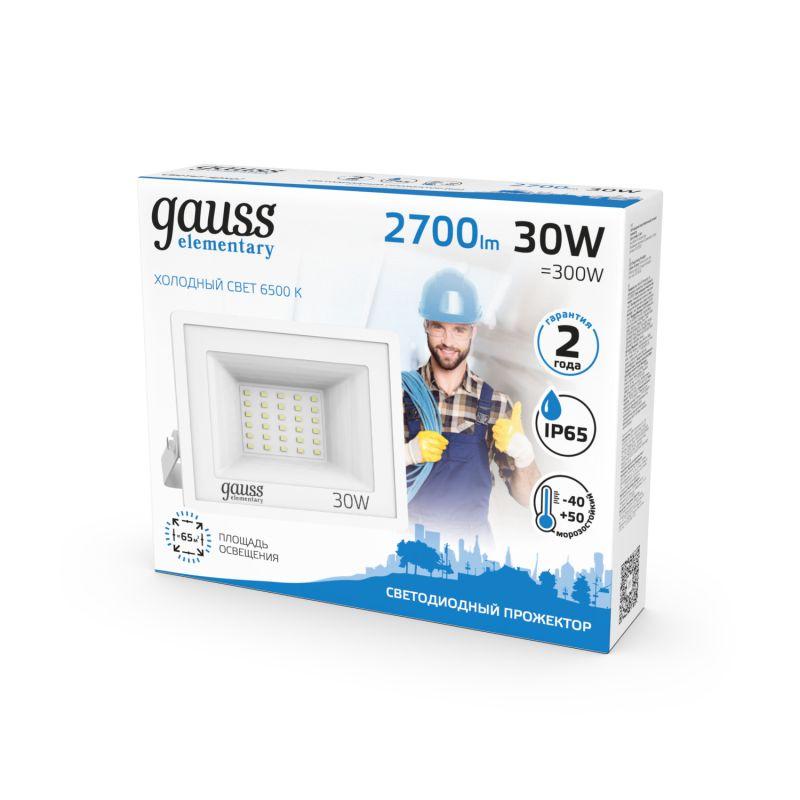 Прожектор светодиодный Elementary 30Вт 2100лм IP65 6500К бел. Gauss 613120330