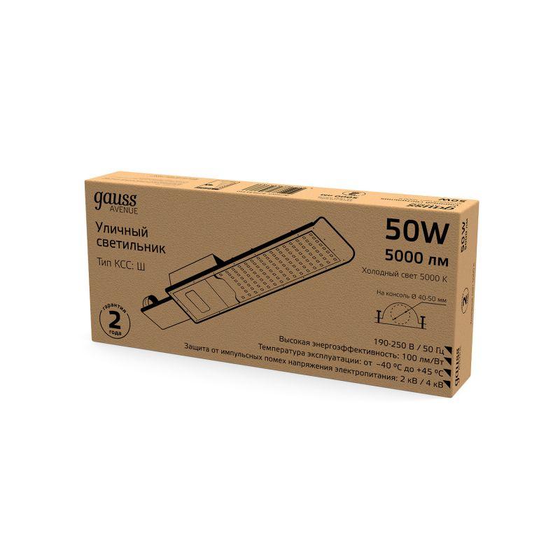 Светильник светодиодный Avenue 355х155х57 50Вт 5000К 5000лм IP65 190-250В уличный КСС "Ш" Gauss 629534350