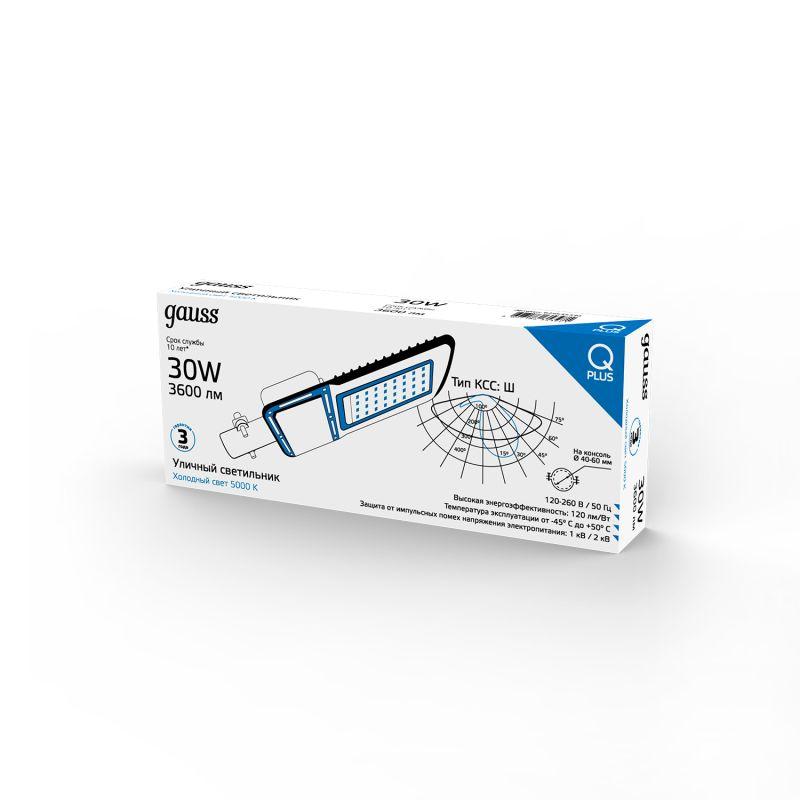 Светильник светодиодный Qpus 370х145х45 30Вт 5000К 3600лм IP65 110-260В уличный КСС "Ш" 1/6 Gauss 629535330